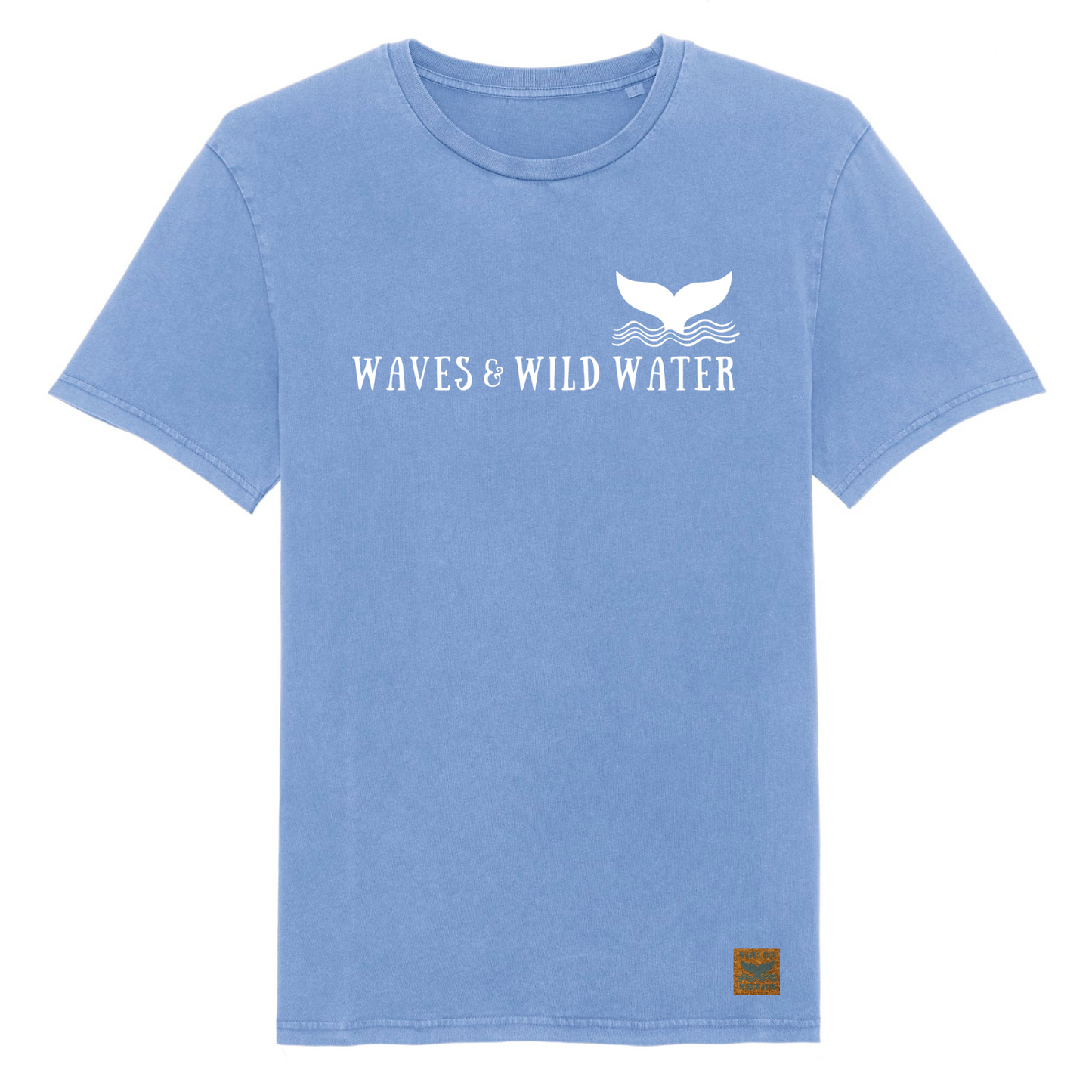 A blue t-shirt with Waves & Wild Water logo printed across the front in white ink.