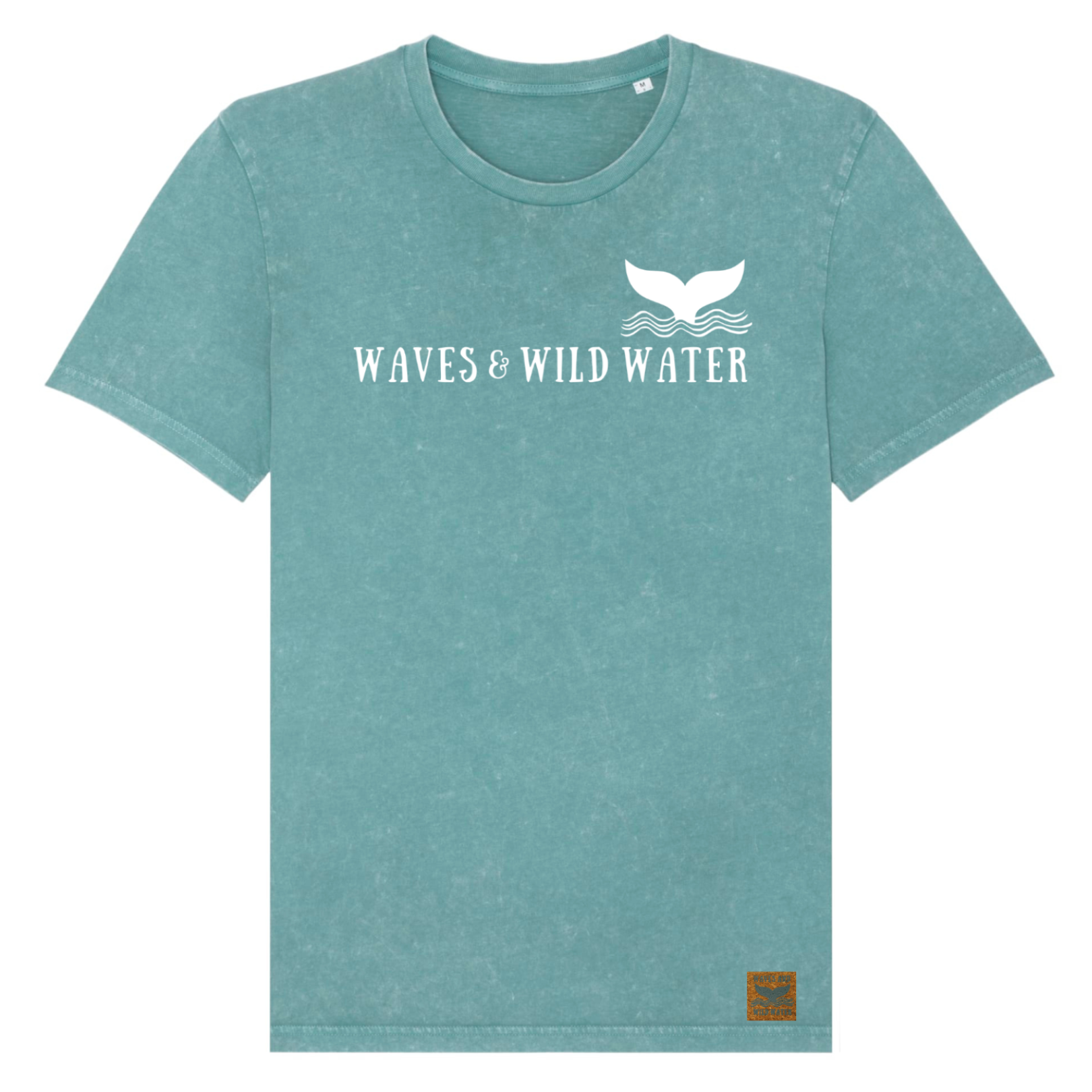 A green t-shirt with Waves & Wild Water printed across the front in white ink. There is also a logo with a whale tail coming out of waves on the chest.