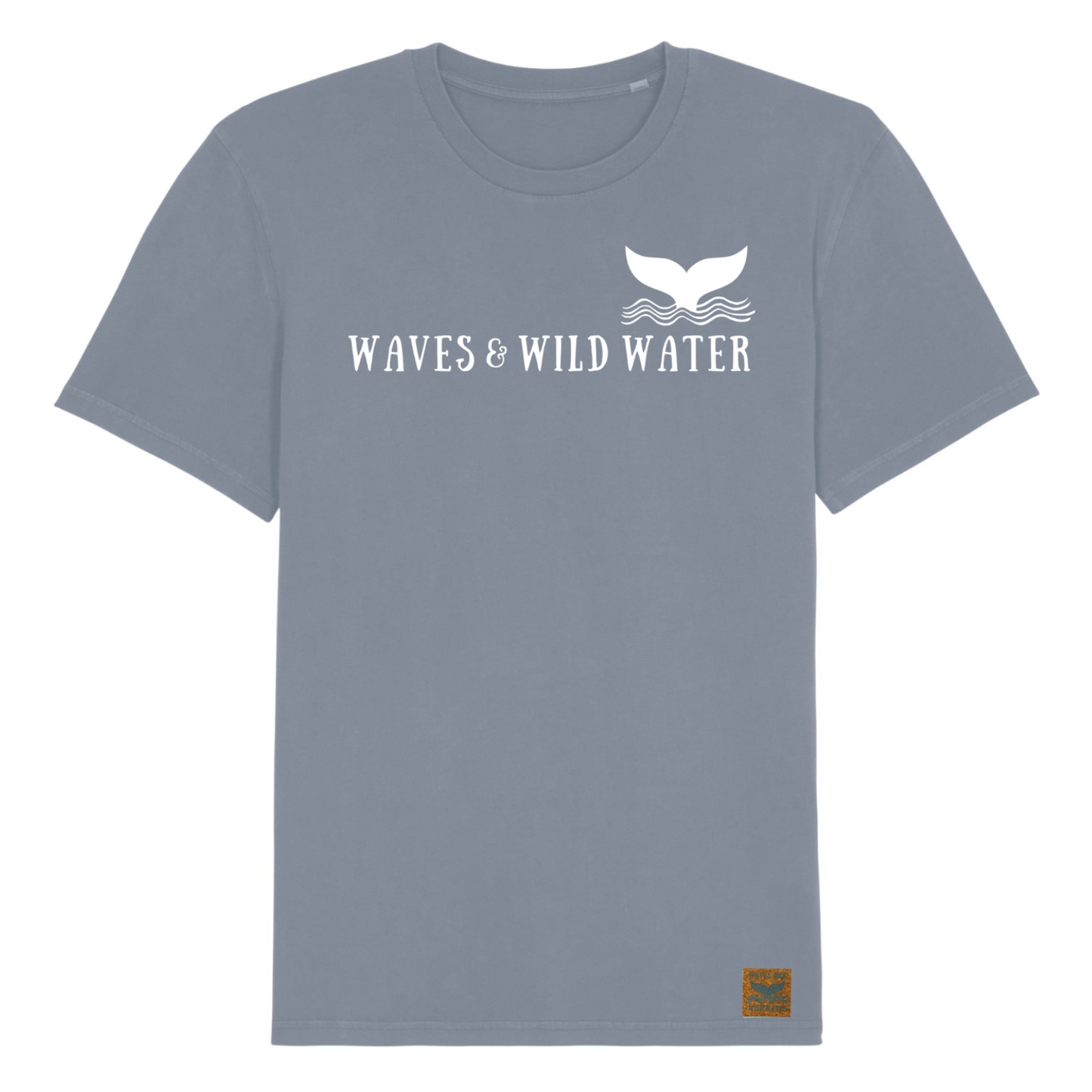 A grey t-shirt with Waves & Wild Water printed across the front in white ink. There is also a logo with a whale tail coming out of waves on the chest.