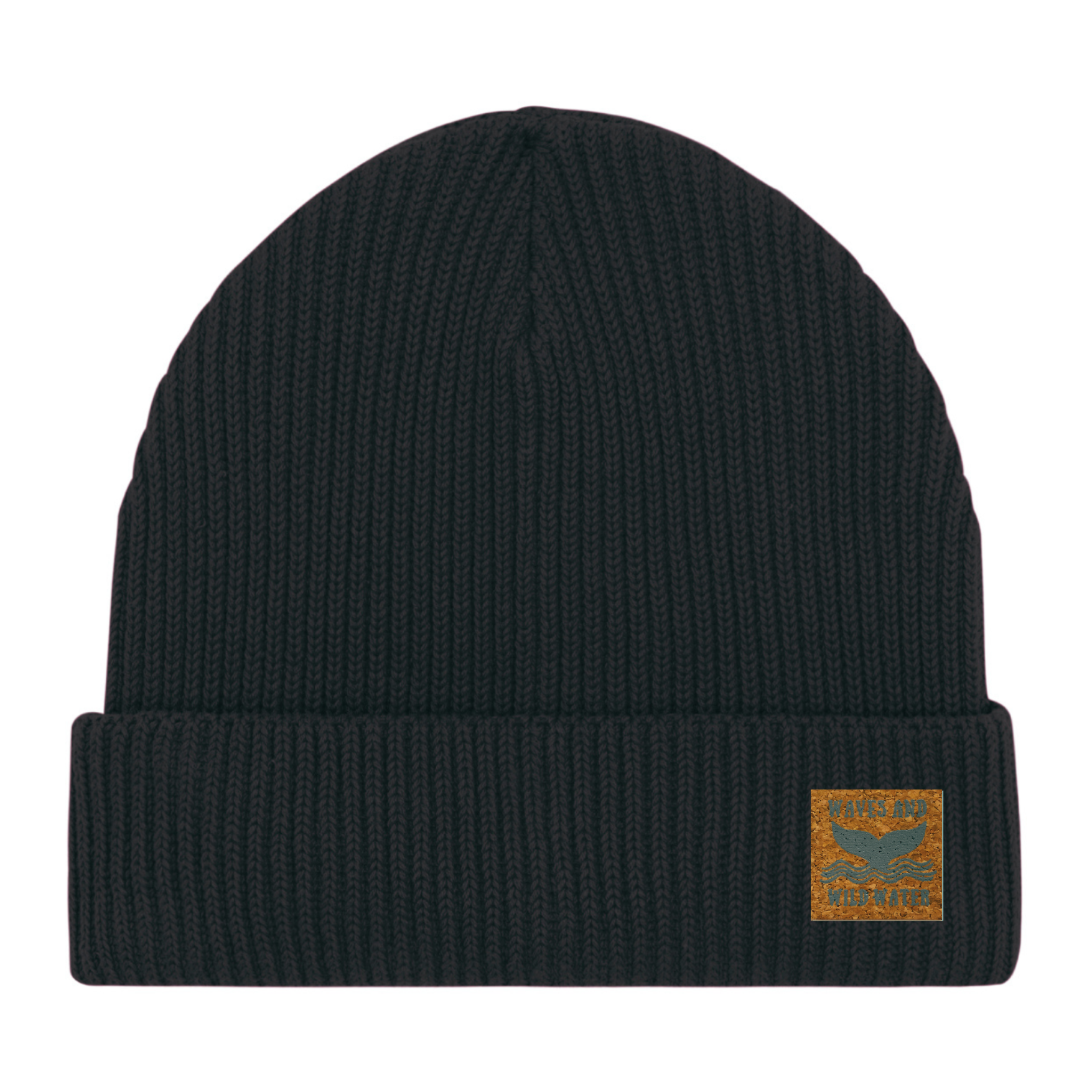 A black fisherman beanie hat with a Waves & Wild Water label. 