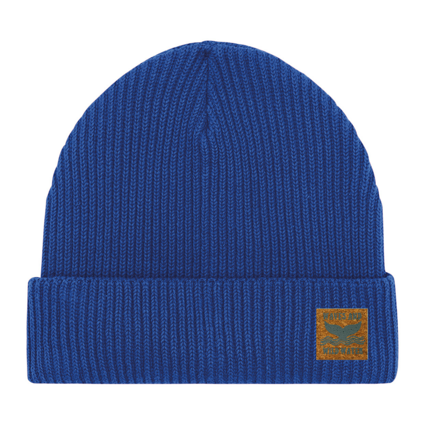 A bright blue fisherman beanie hat with a Waves & Wild Water label. 