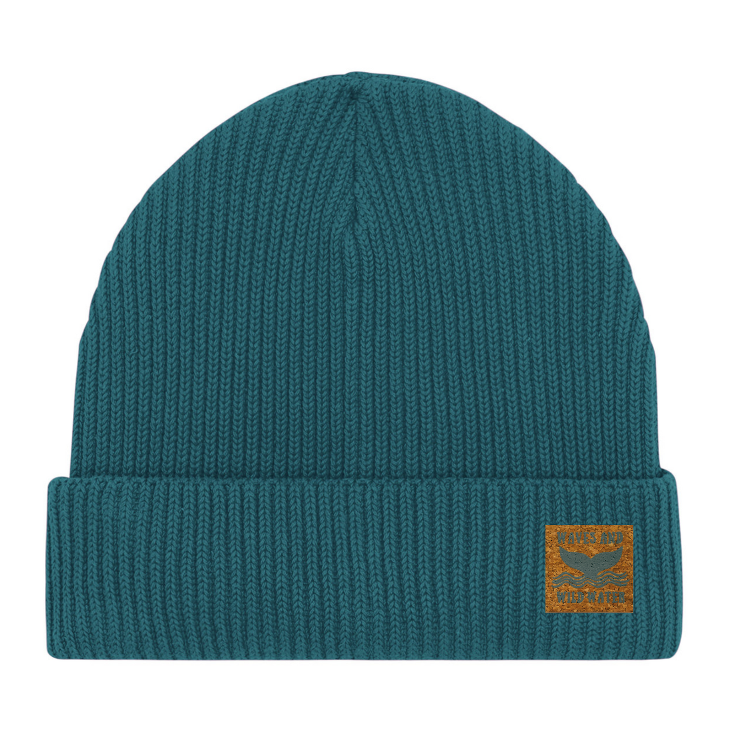 A teal green fisherman beanie hat with a Waves & Wild Water label. 