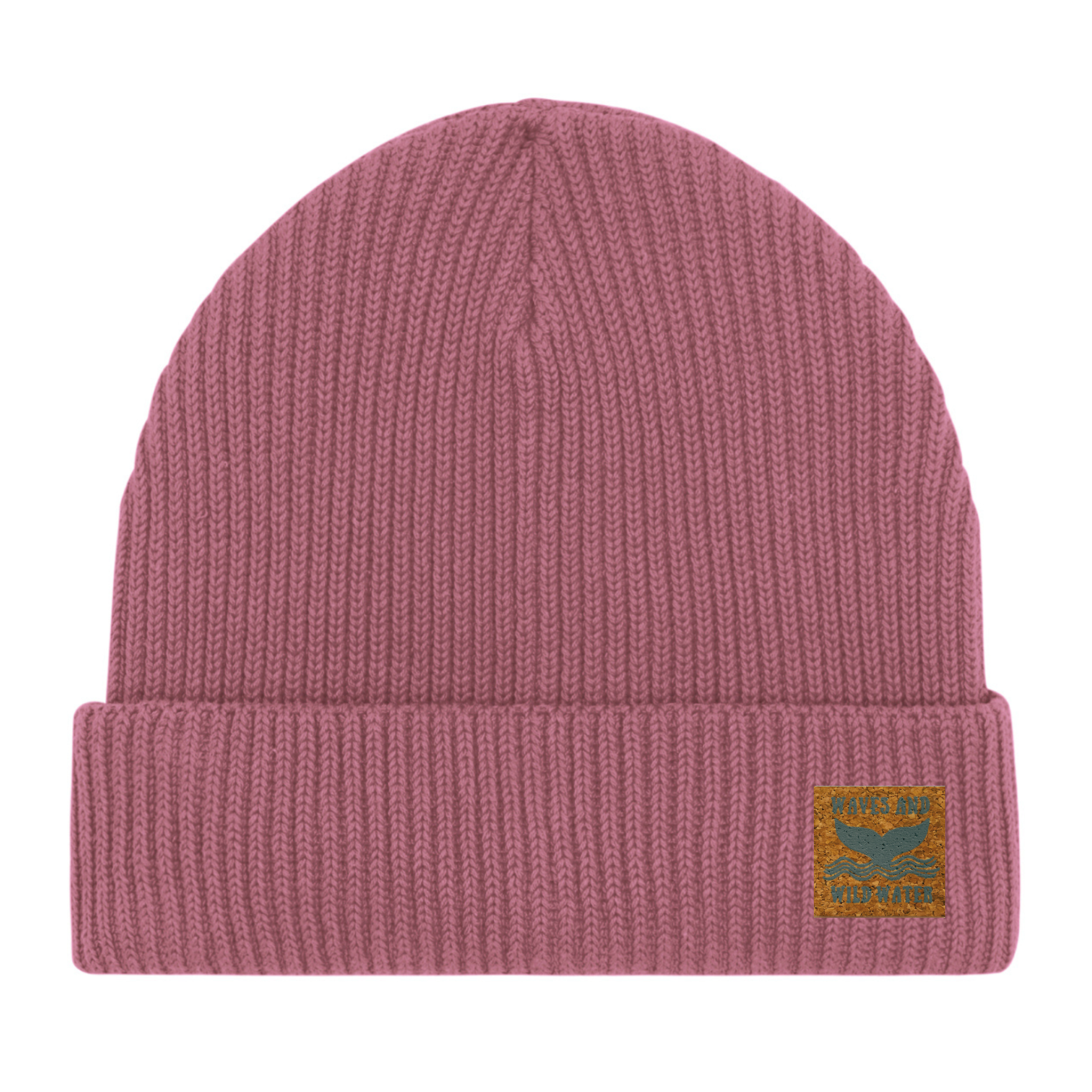 A blush pink fisherman beanie hat with a Waves & Wild Water label. 