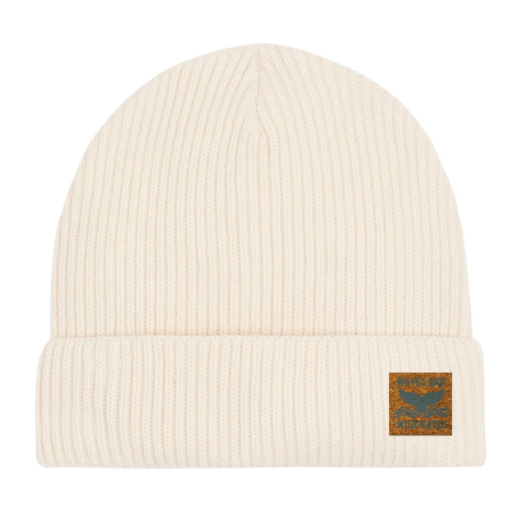 An off white fisherman beanie hat with a Waves & Wild Water label. 