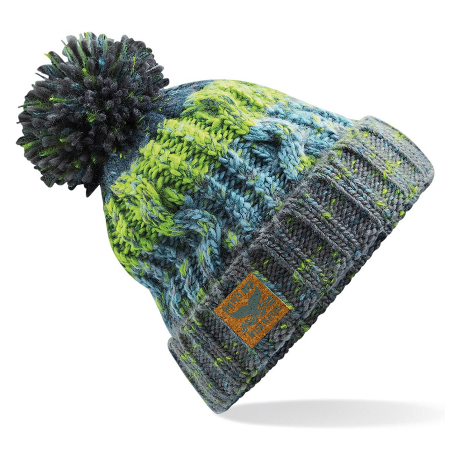 A green and grey knitted pom pom beanie hat.