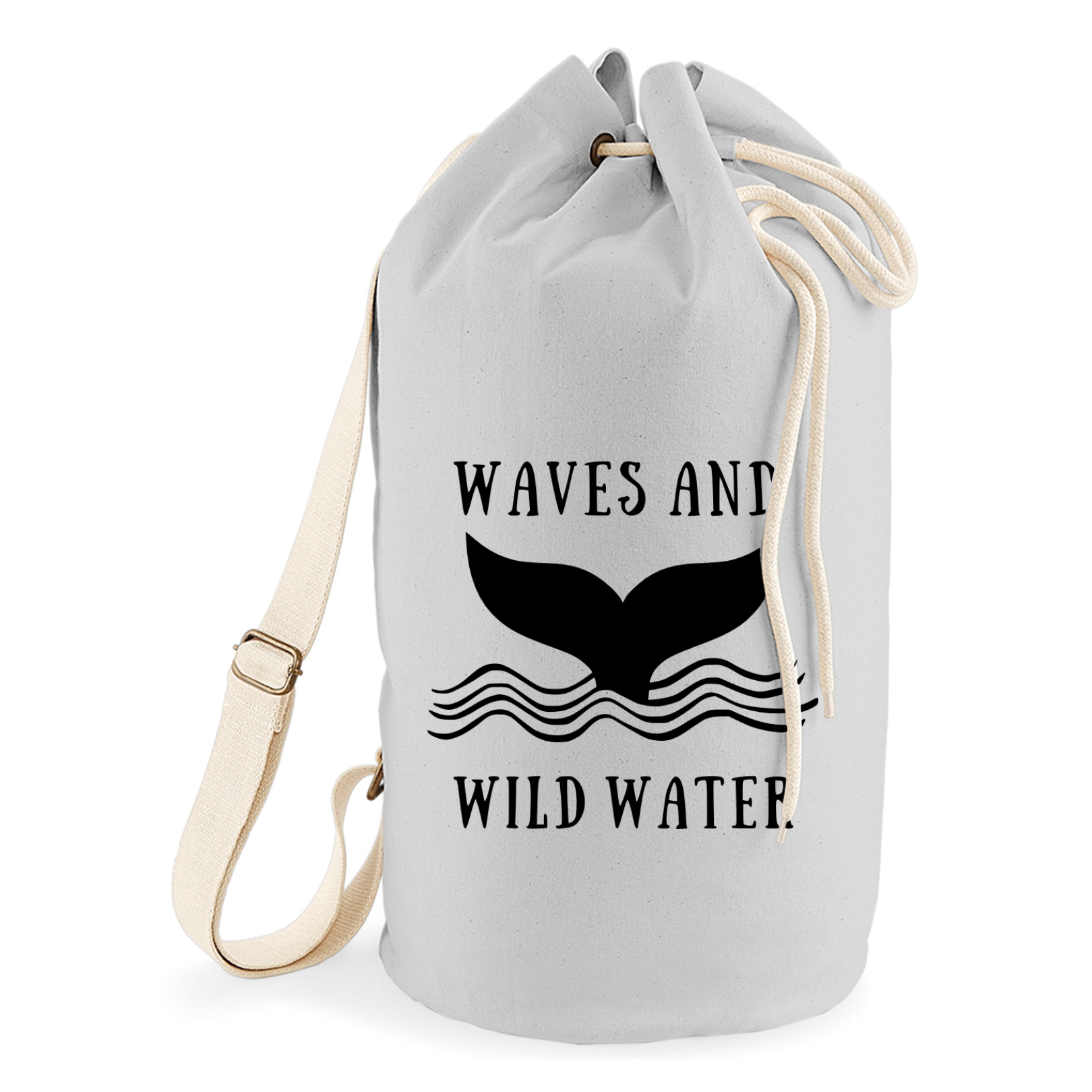 A grey sailor bag with a cream rope draw cord and webbing strap. The Waves & Wild Water logo is on the front in black.