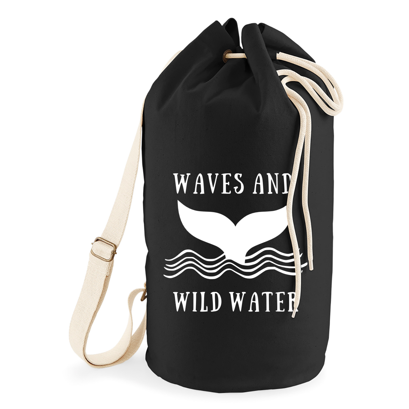 A black sailor bag with a cream rope draw cord and webbing strap. The Waves & Wild Water logo is on the front in white.