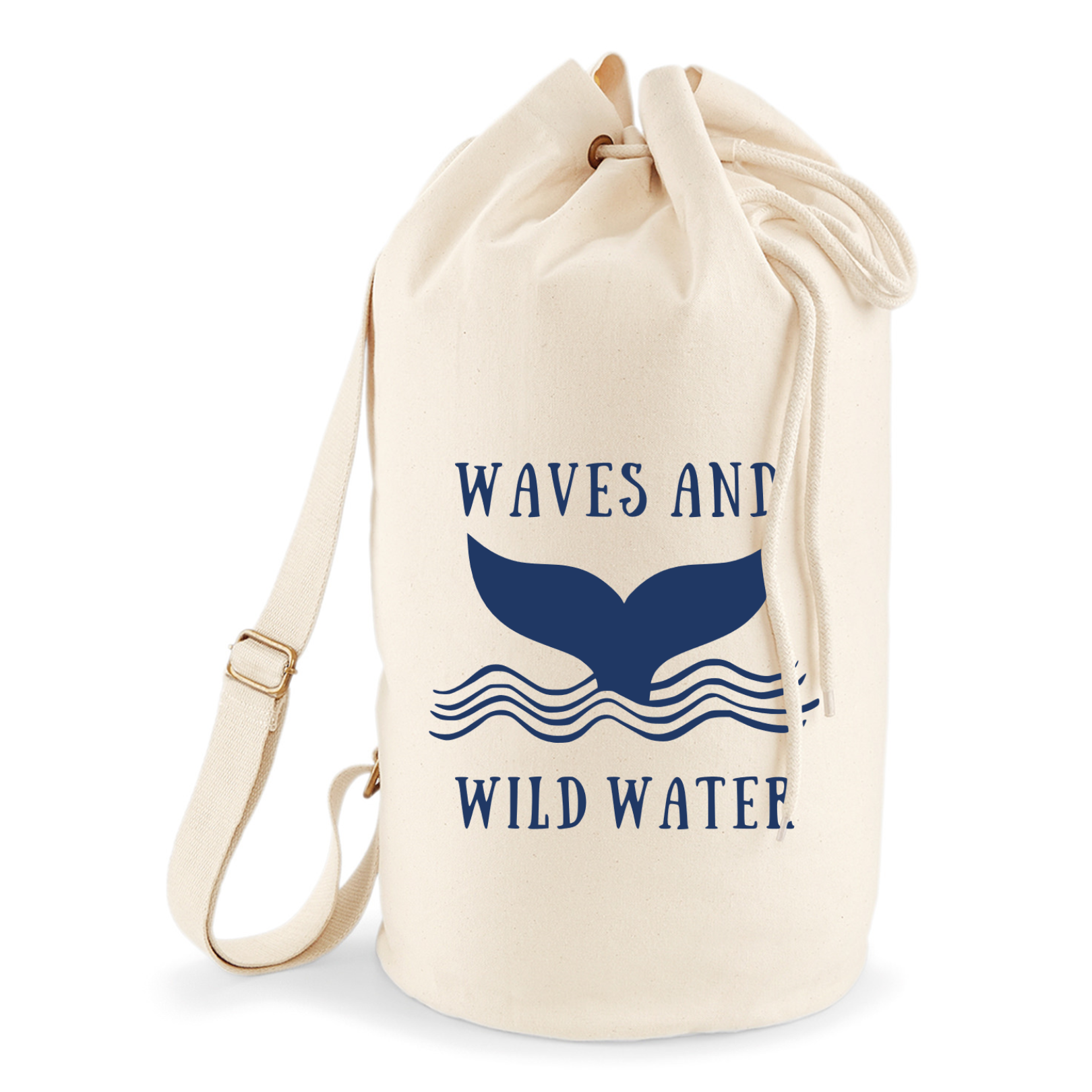 A cream sailor bag with a cream rope draw cord and webbing strap. The Waves & Wild Water logo is on the front in blue.