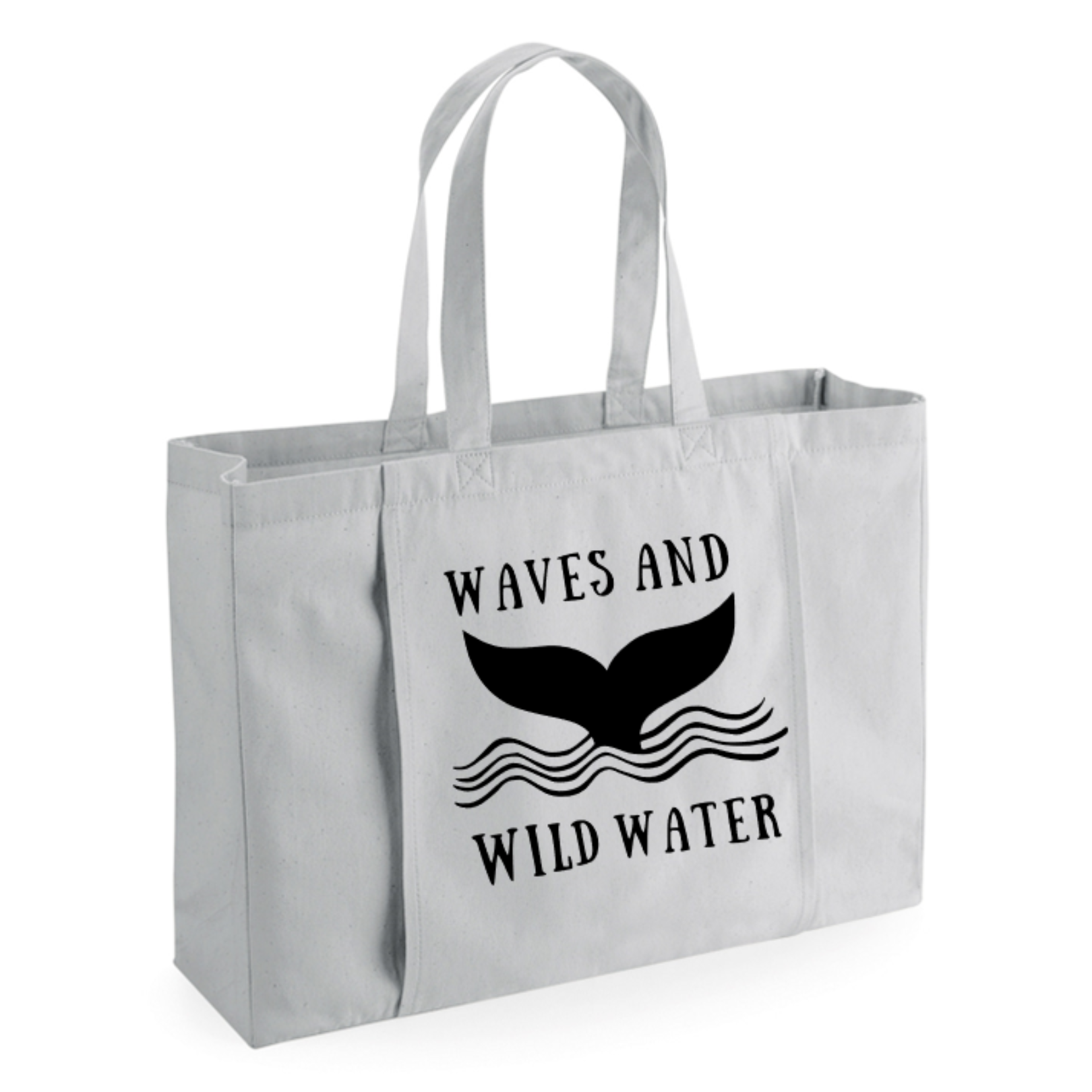 A grey tote bag, with Waves & Wild Water logo on the front in black.
