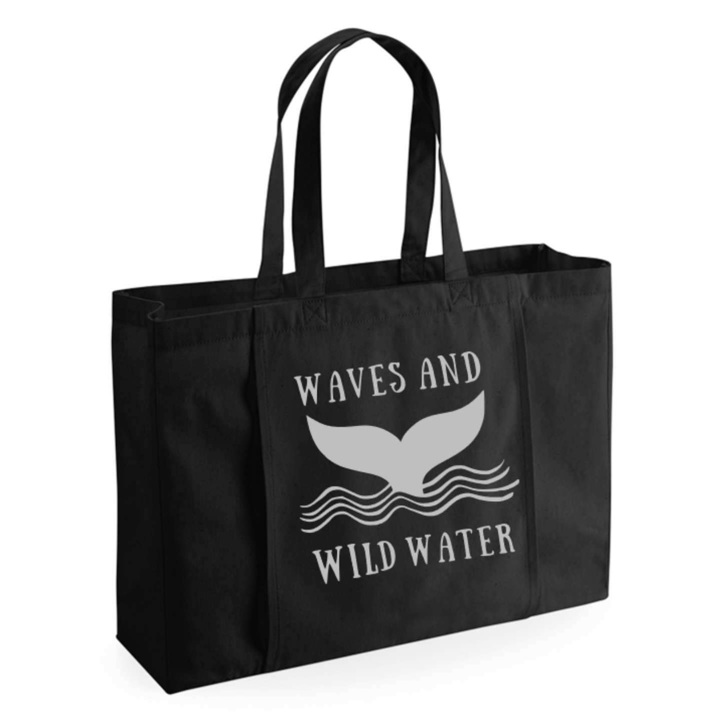 A black tote bag, with Waves & Wild Water logo on the front in silver.