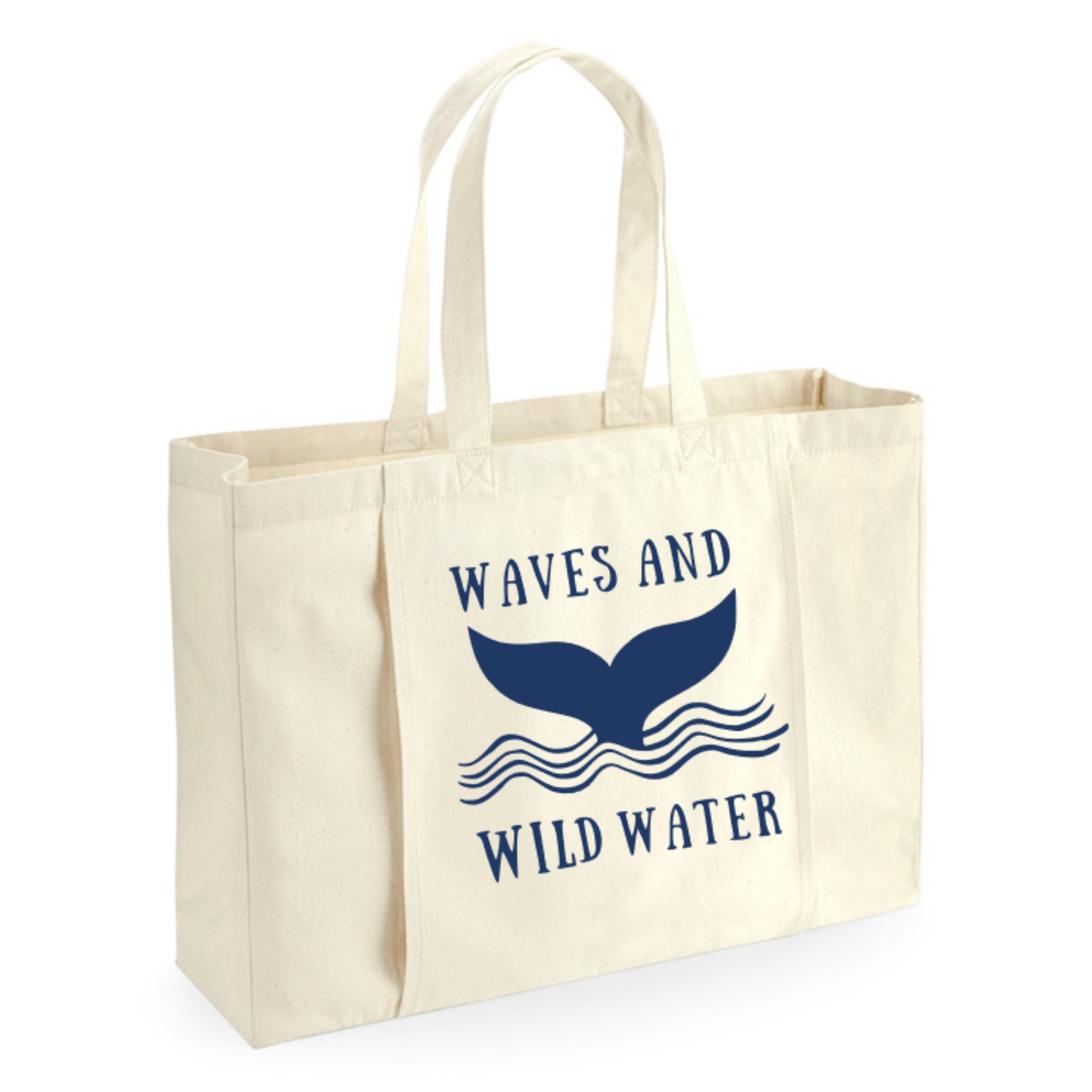 A natural cream coloured tote bag, with Waves & Wild Water logo on the front in blue.