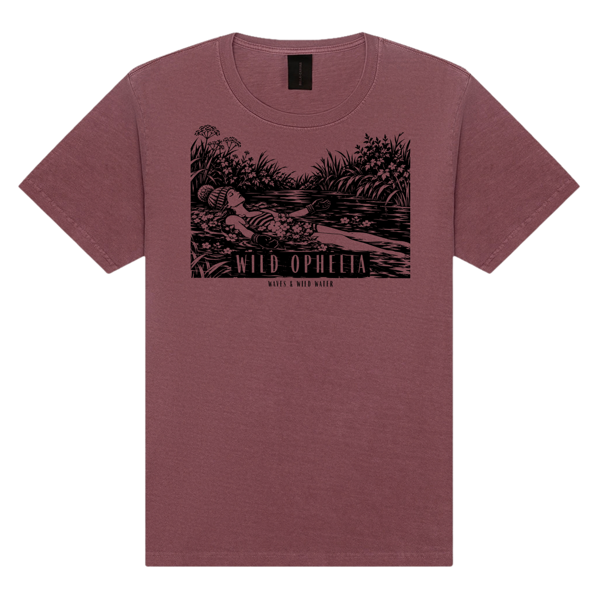 Wild Ophelia washed cotton t-shirt in Faded Bloom rose, featuring a black hand screen-printed wild swimmer floating among flowers, inspired by Millais' Ophelia. Designed and hand printed using vegan, water based inks. Only from Waves & Wild Water.