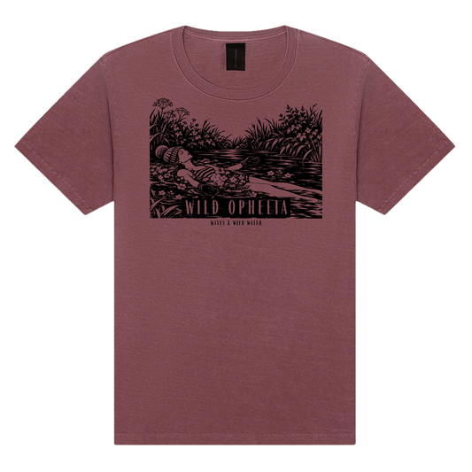 Wild Ophelia washed cotton t-shirt in Faded Bloom rose, featuring a black hand screen-printed wild swimmer floating among flowers, inspired by Millais' Ophelia. Designed and hand printed using vegan, water based inks. Only from Waves & Wild Water.