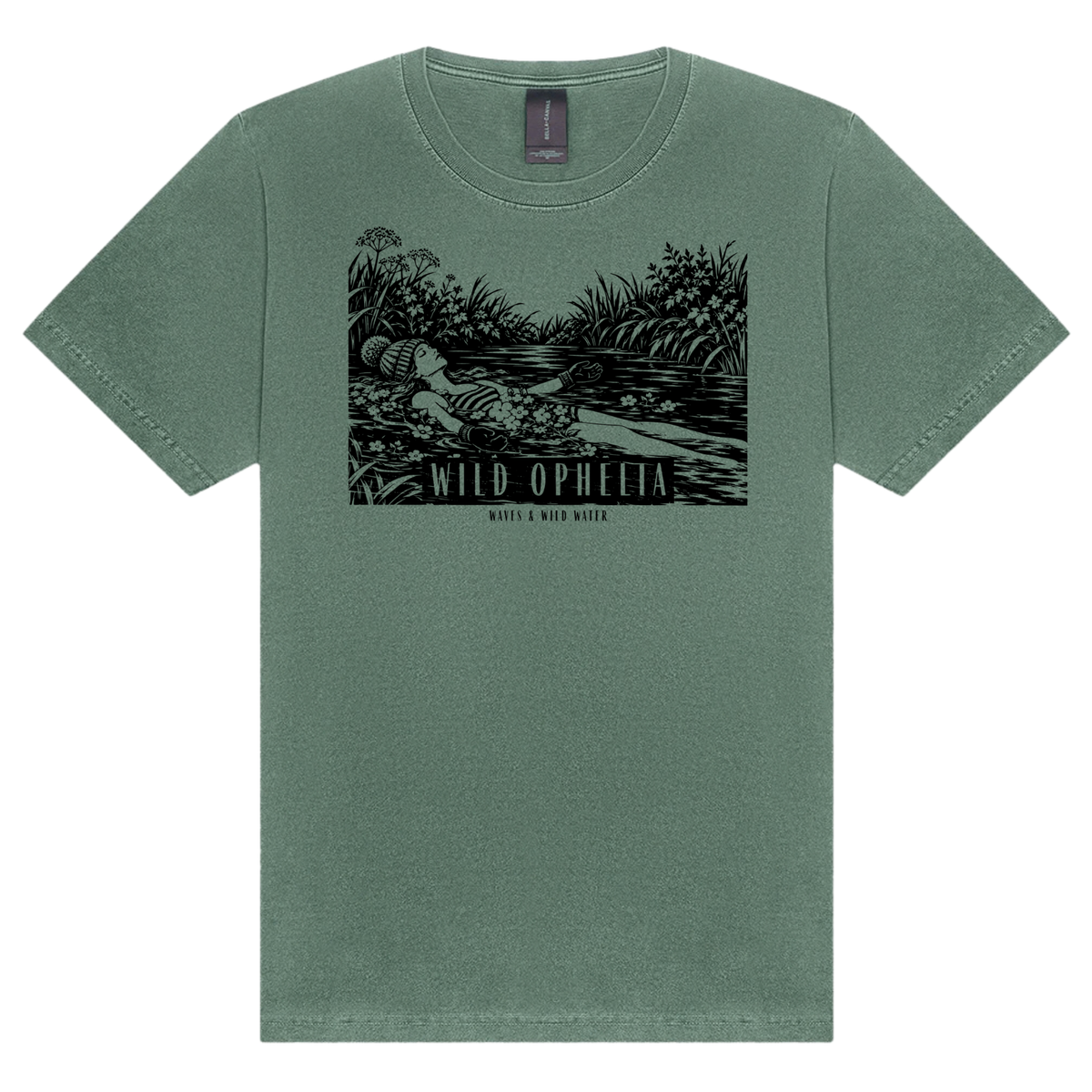 Wild Ophelia washed cotton t-shirt in River Moss green, featuring a black hand screen-printed wild swimmer floating among flowers, inspired by Millais' Ophelia. Designed and hand printed using vegan, water based inks. Only from Waves & Wild Water.