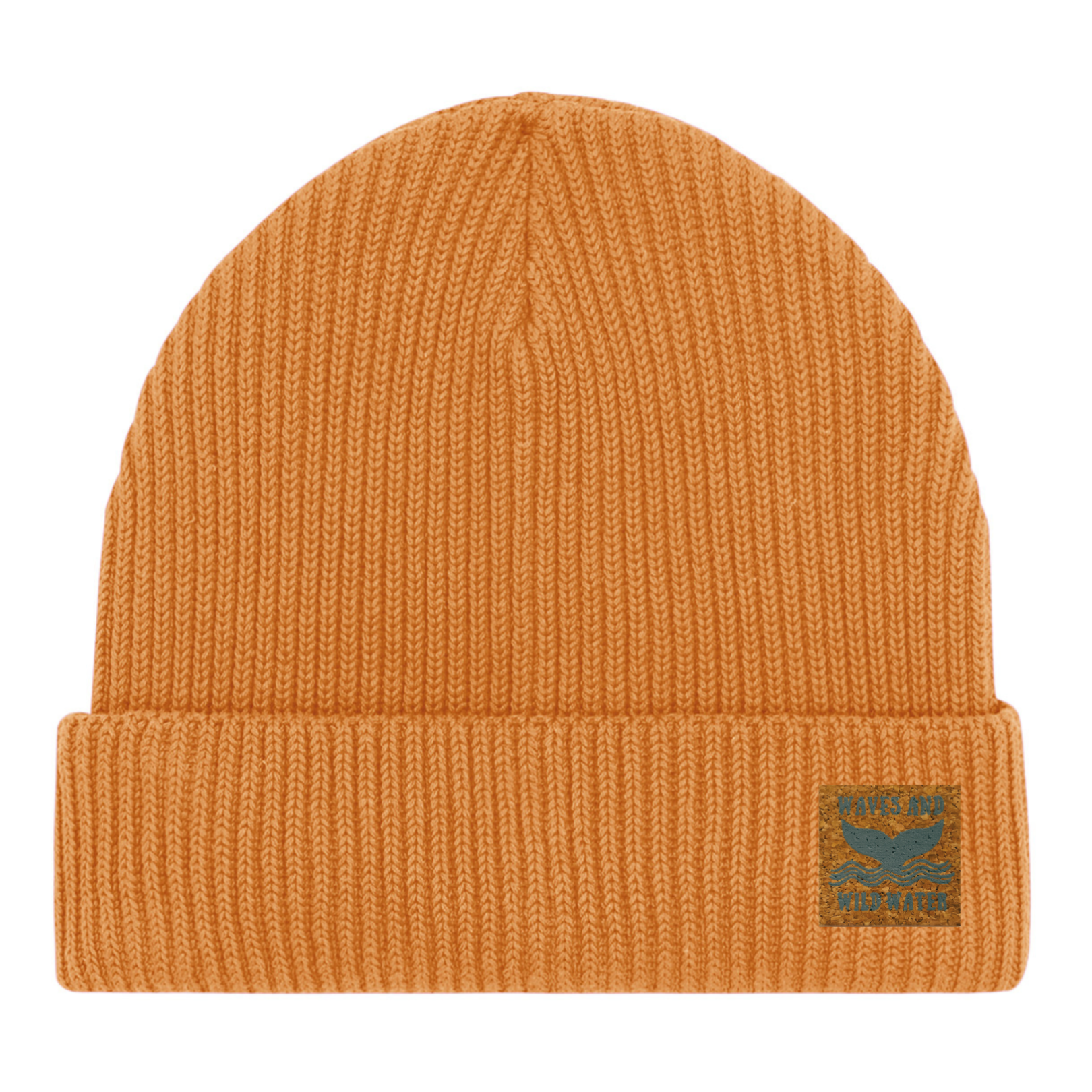 A golden yellow fisherman beanie hat with a Waves & Wild Water label. 