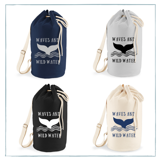 A picture showing different colour choices of sailor bags, with the Waves & Wild Water logo.