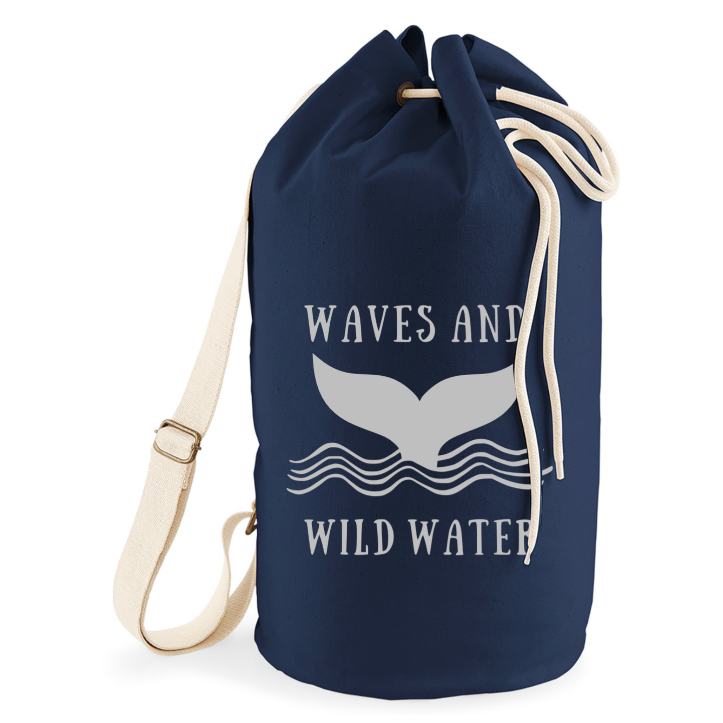 A navy blue sailor bag with a cream rope draw cord and webbing strap. The Waves & Wild Water logo is on the front in silver.