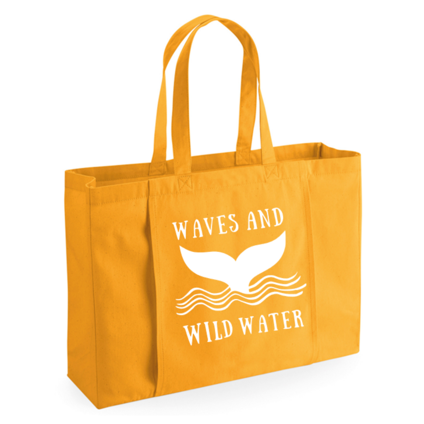 A golden yellow tote bag, with Waves & Wild Water logo on the front in white.