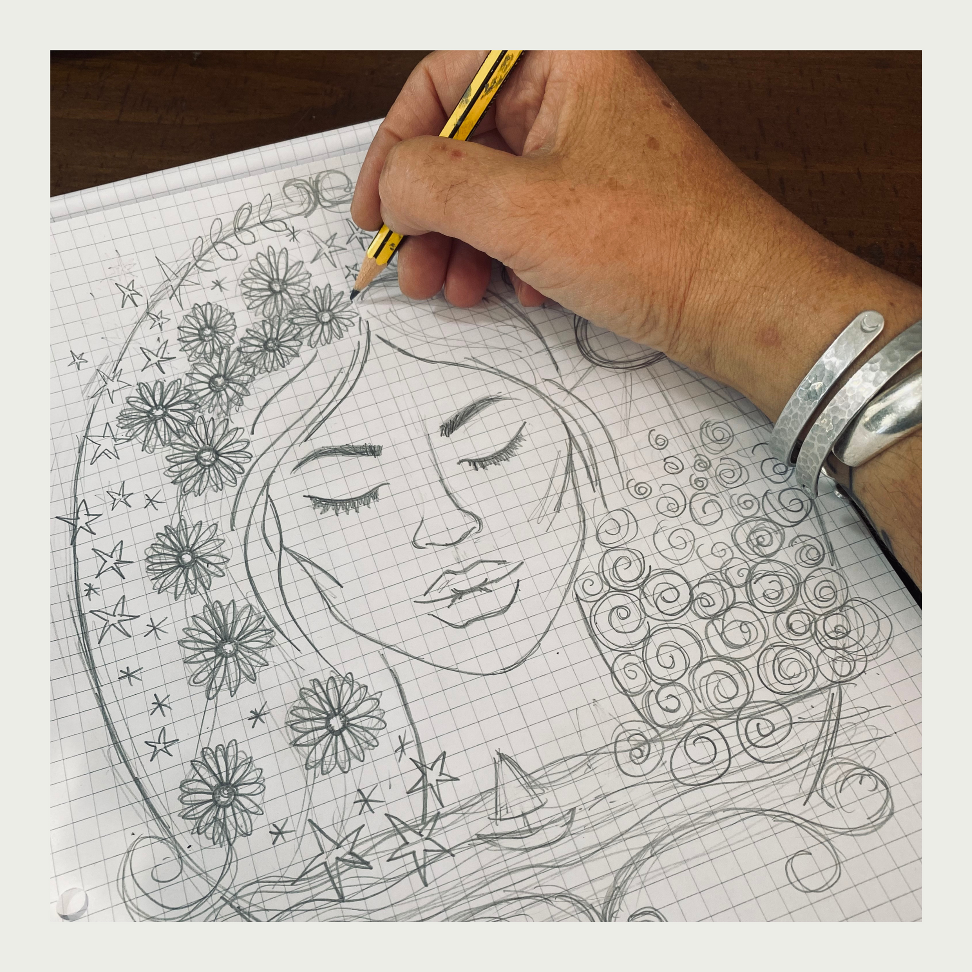 A pencil drawing of a woman's face surrounded by flowers and waves.