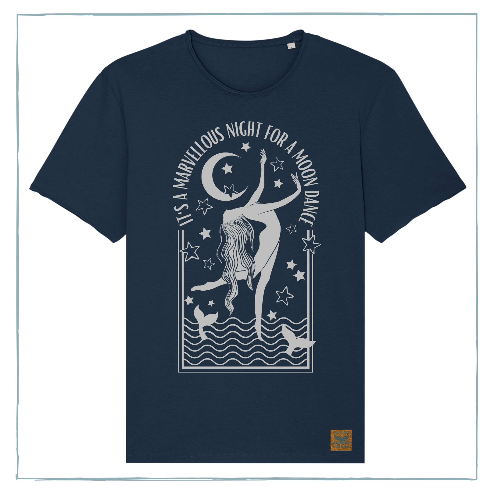 A navy blue t-shirt with a metallic silver printed design, showing a woman dancing in the sea, and the words 'It's a marvellous night for a moon dance'.