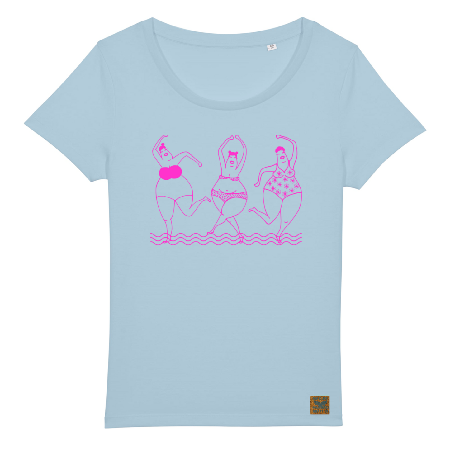 A sky blue t-shirt with a design showing three women dancing in swimwear printed on it in pink.