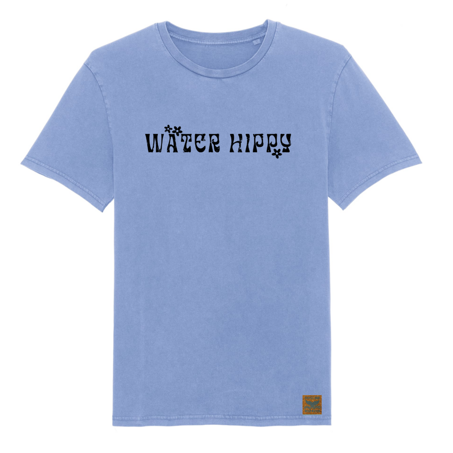 A vintage blue t-shirt with the words 'Water hippy' printed in black across the front.