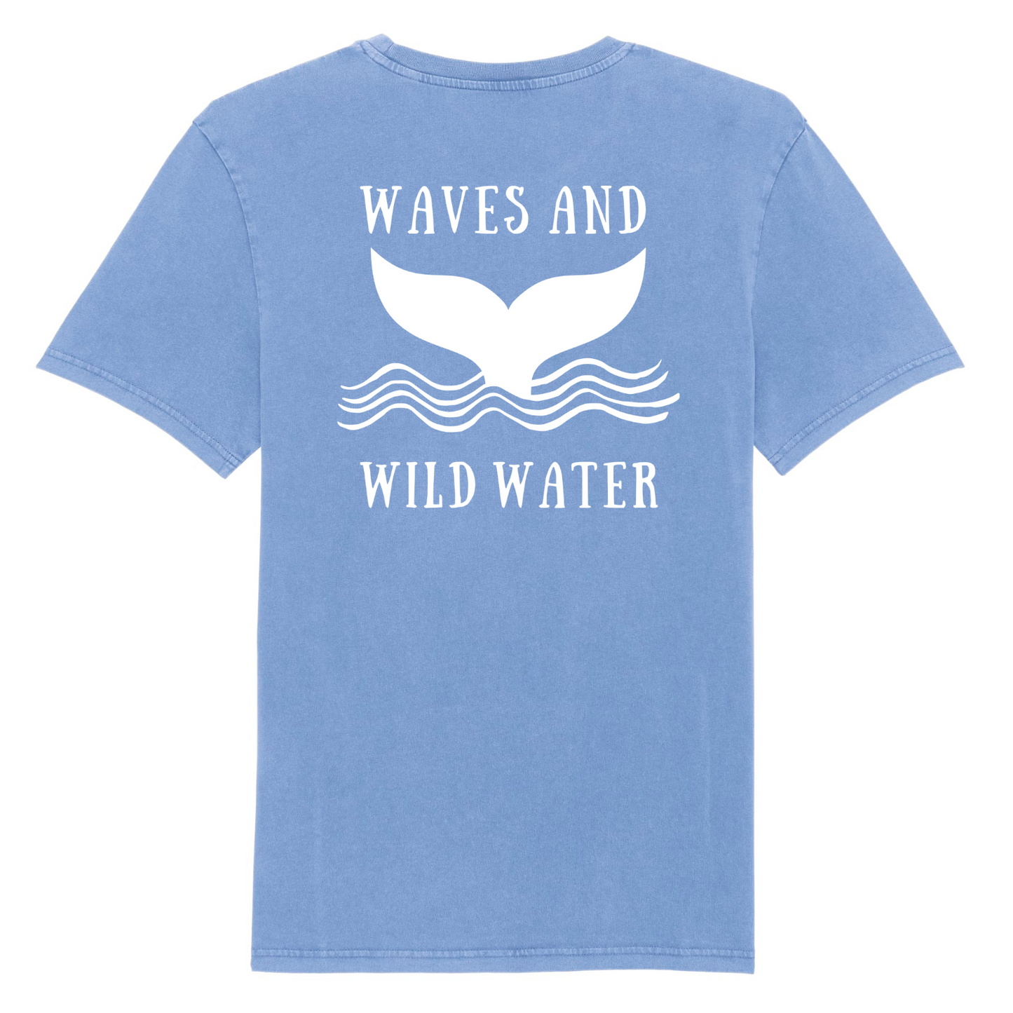 The back of a blue t-shirt with Waves & Wild Water logo, depicting a whale tail coming out of waves, printed in white ink.
