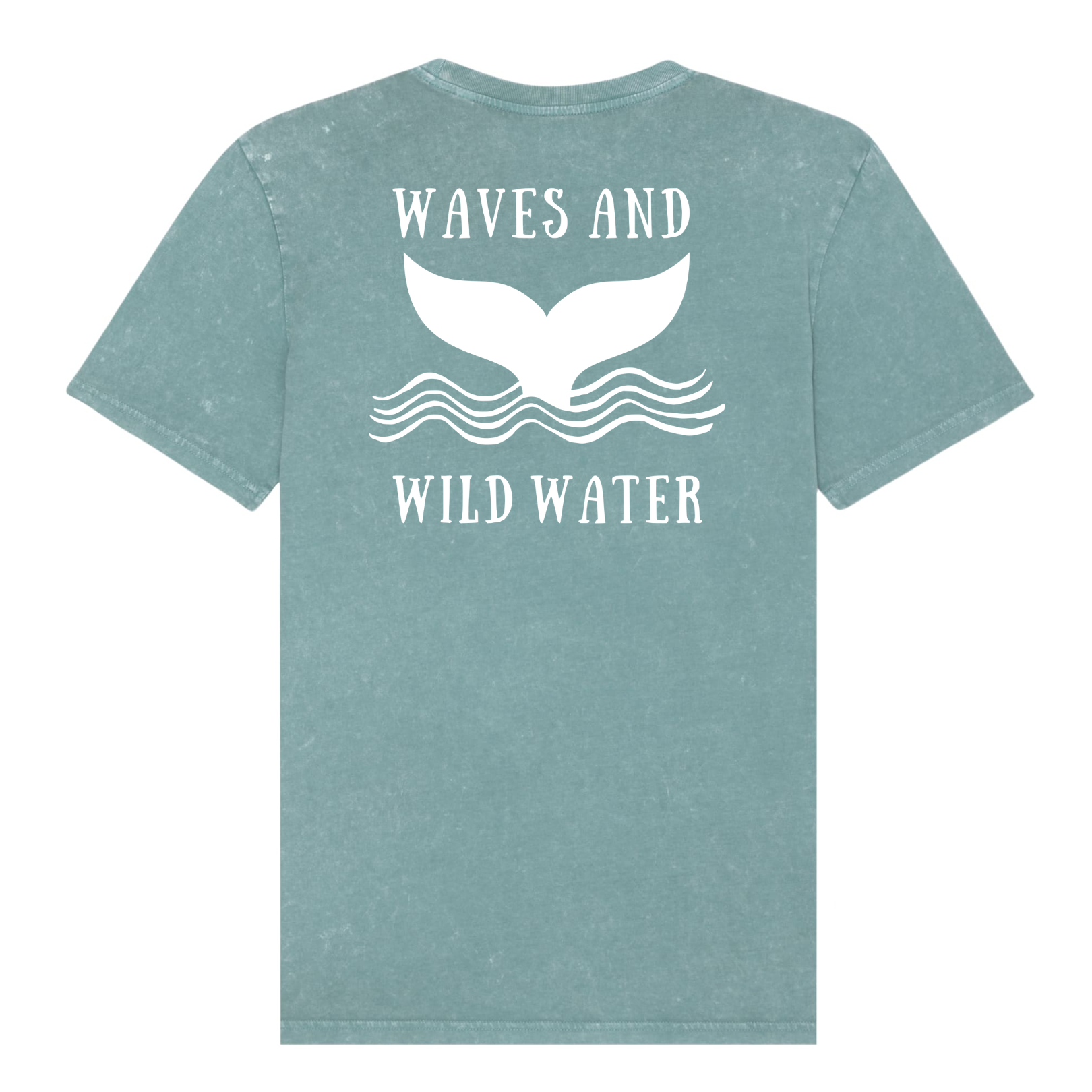 The back of a green t-shirt with Waves & Wild Water logo, depicting a whale tail coming out of waves, printed in white ink.