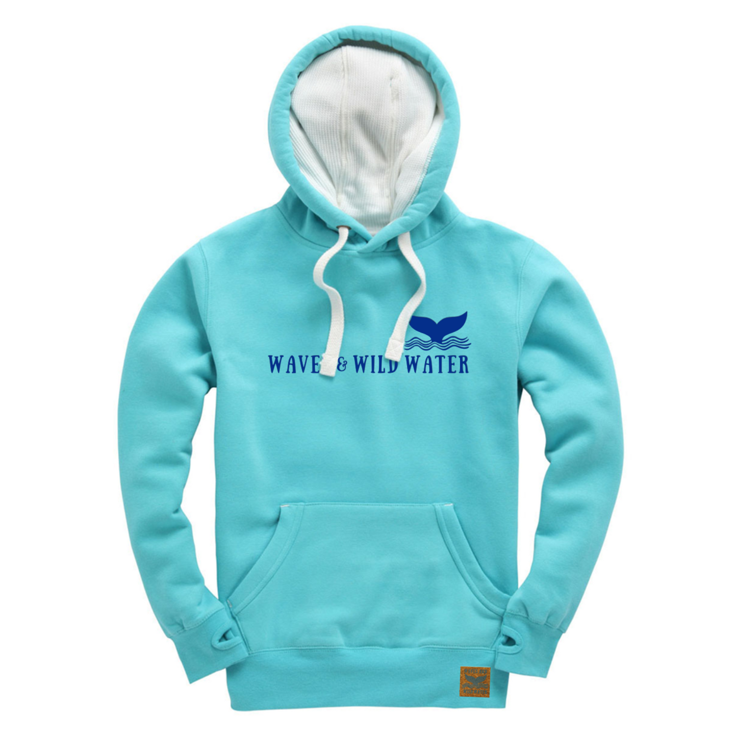 The front of a lagoon blue hoodie with the Waves & Wild logo printed across the front in blue ink.