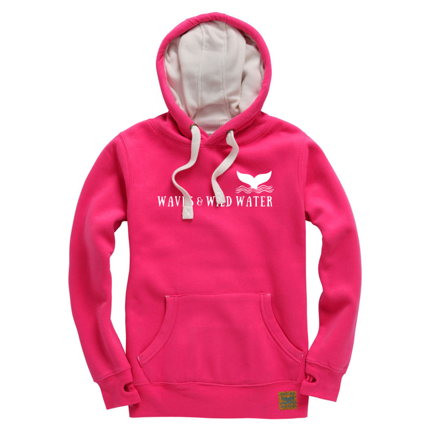 The front of a bright pink hoodie with the Waves & Wild logo printed across the front in white ink.