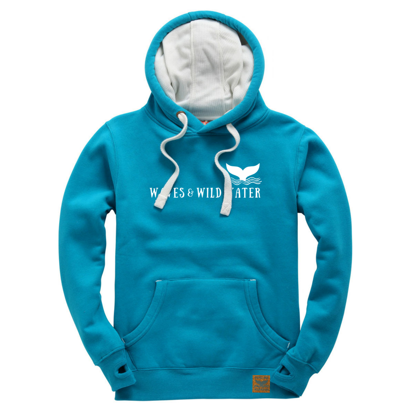 The front of a tropical blue hoodie with the Waves & Wild logo printed across the front in white ink.